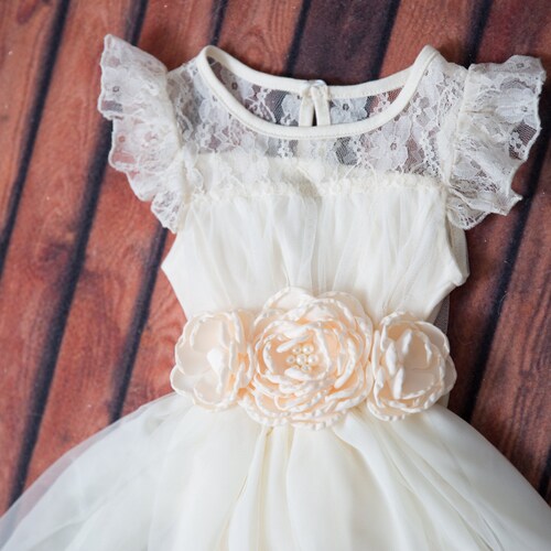 Ivory Crochet Flower Girl Dress Cream Tulle Lace Wedding Etsy
