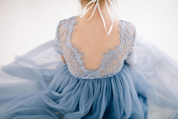 Dusty Blue Flower Girl Dress, Gray Tulle Lace Wedding Dress for Girls, Vintage Boho Ceremony Outfit Dusty Blue Flower Girl Dress, Gray Tulle Lace Wedding Dress for Girls, Vintage Boho Ceremony Outfit