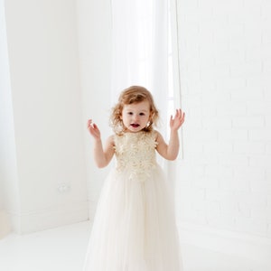 May include: A young girl in a white tulle dress with a floral lace bodice. She is standing in a white room with a window behind her.