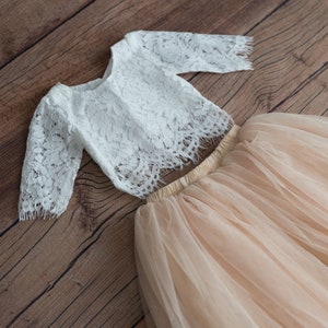 White Lace Flower Girl Dress with Champagne Tulle Tutu Skirt, Two Piece Boho Fairy Wedding Outfit for Girls image 8