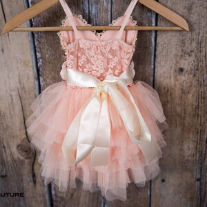 May include: A peach-colored tulle dress with a lace bodice and a satin ribbon bow. The dress is hanging on a wooden hanger.