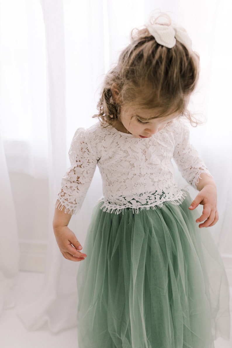Boho Sage Green Tulle Tutu Skirt with White Lace Flower Girl Dress, Beach or Moss Rustic Wedding Gown for Girls image 4