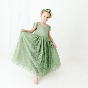 Sage Green Flower Girl Dress, Rustic Bohemian Tulle Wedding Dress, Green Boho Dresses, Teen Lace Dress image 6