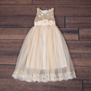 Champagne Tulle Flower Girl Dress, Boho Gold Sequin Toddler Dress, Beach Wedding Gown