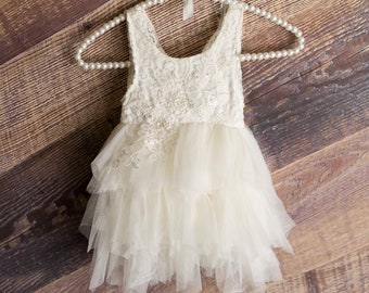 Ivory Lace Flower Girl Dress, Ivory Tulle Wedding gown, Cream princess fairy Tutu Dress, Elegant Boho Chic, Couture, rustic wedding