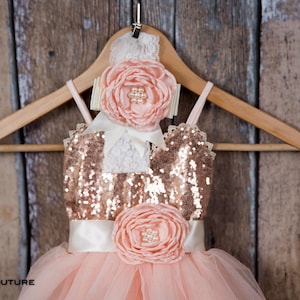 May include: A peach-colored tulle dress with a gold sequin bodice and a matching peach flower embellishment. The dress is on a wooden hanger with a white lace headband with a peach flower.