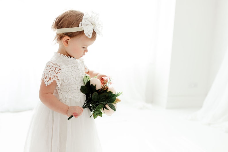 White Lace Christening Gown, Infant Baptism Dress, Unique Baby Boho Dress, Flower Girl Dress image 1