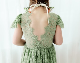 Sage Green Flower Girl Dress, Rustic Bohemian Tulle Wedding Dress, Green Boho Dresses, Teen Lace Dress