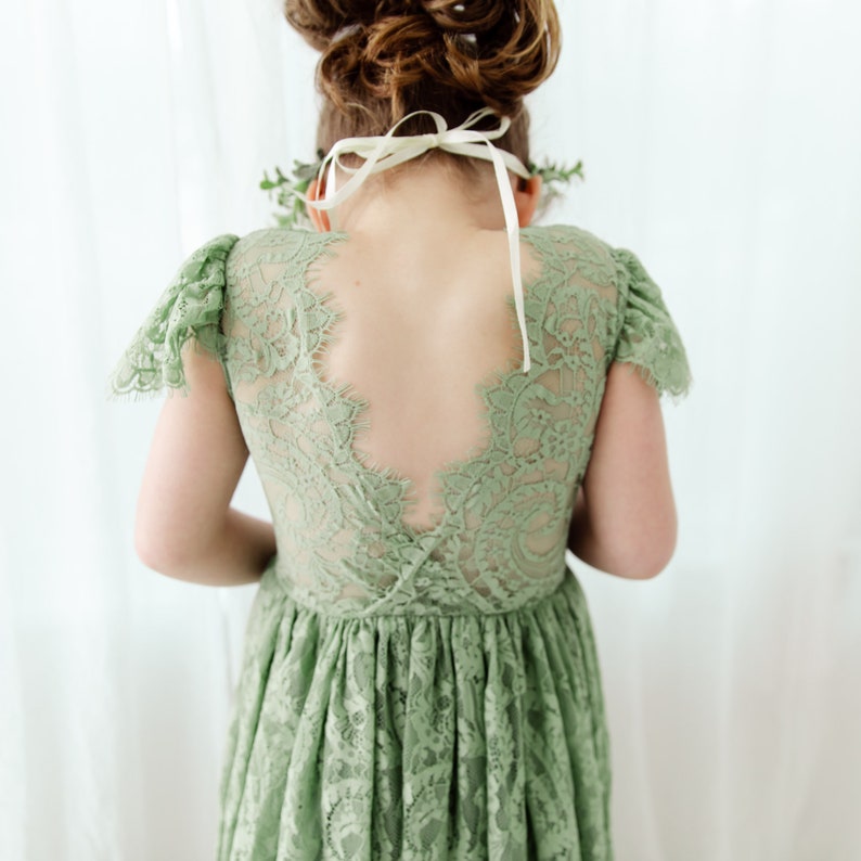 Sage Green Flower Girl Dress, Rustic Bohemian Tulle Wedding Dress, Green Boho Dresses, Teen Lace Dress image 1