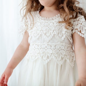 Rustic Lace Flower Girl Dress, Champagne Tulle Wedding Dress, Boho Baby Girl Dress, Christening Gown