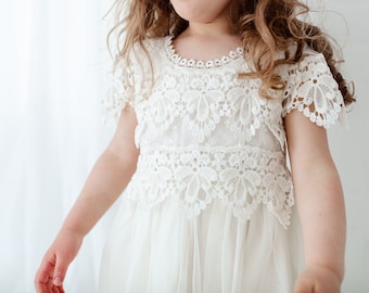 Bohemian Champagne Flower Girl Dress, Rustic Lace Tulle Wedding Dress for Babies & Toddlers, Christening Dedication Gown