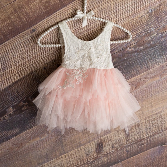 Ivory Lace Flower Girl Dresses Blush Pink Tulle Wedding Gown Etsy