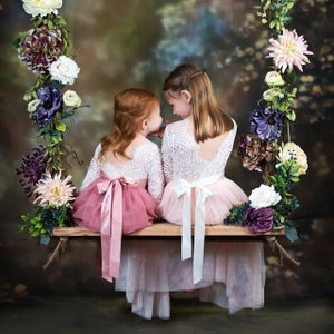 White Lace Flower Girl Dress, Dusty Rose Ball Gown, Mauve Flower Girl Dresses image 1