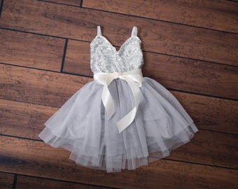 Silver Sequin Flower Girl Dress, Boho Tulle Wedding Gown, Rustic Girls Dress, 1st Birthday Dress. Ava