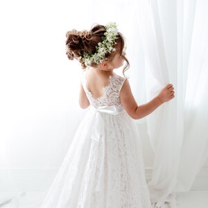 White Boho Flower Girl Dress with Tulle, Rustic Wedding Girl Dress, Bohemian Junior Bridesmaid Dress, Flower Girl Proposal Outfit image 10