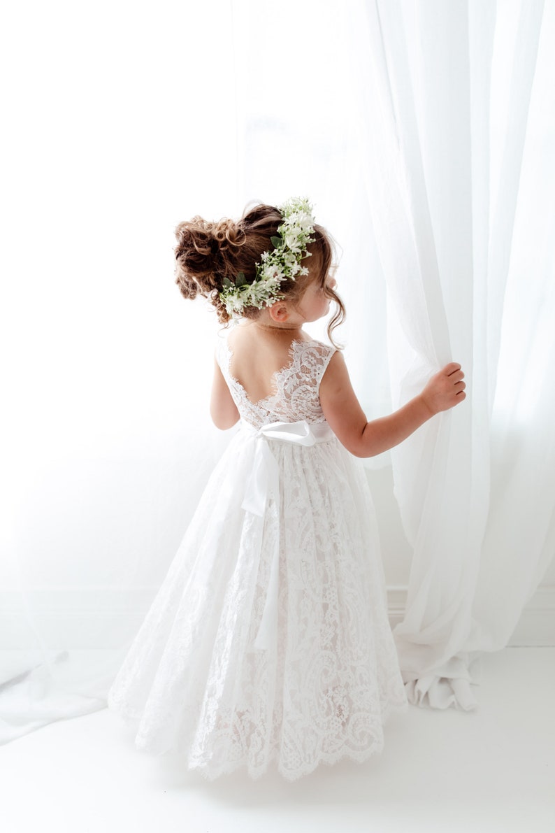 White Boho Flower Girl Dress with Tulle, Rustic Wedding Girl Dress, Bohemian Junior Bridesmaid Dress, Flower Girl Proposal Outfit image 10