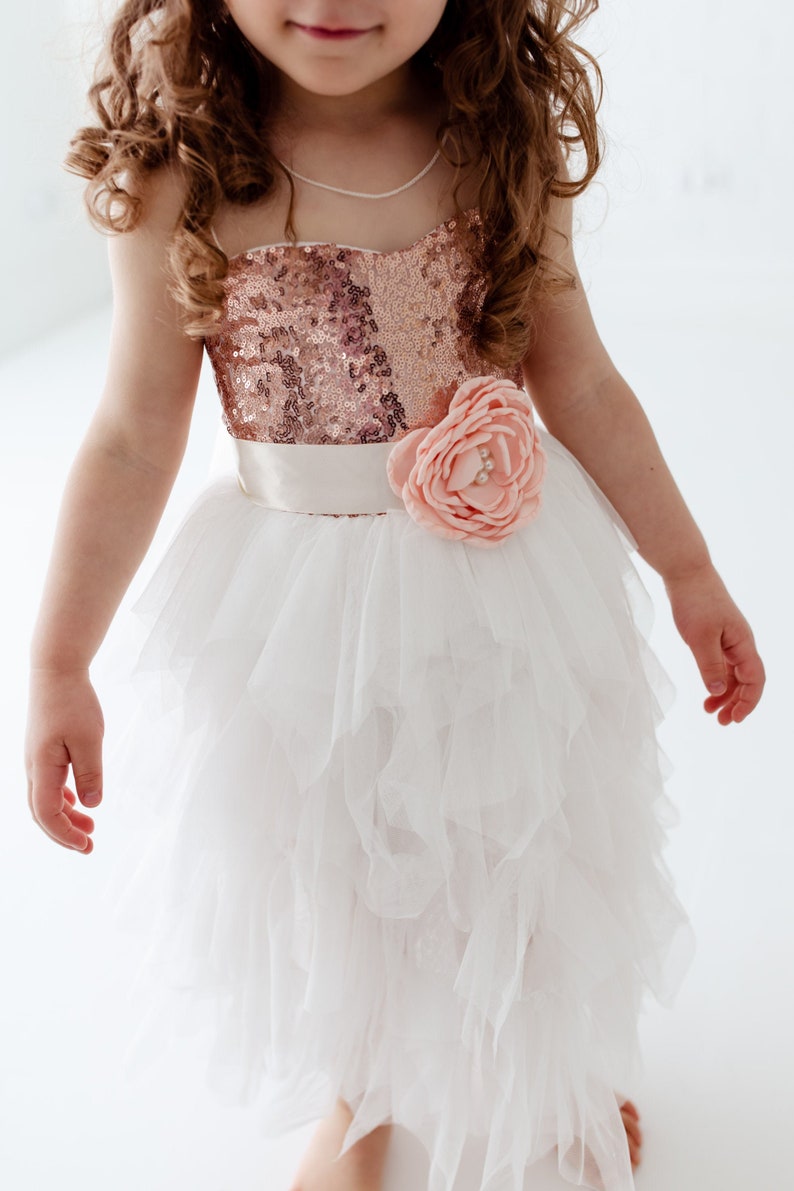 Romantic Sequin Flower Girl Dress, White Tulle Flower Girl Dress, Boho Tulle Dresses 