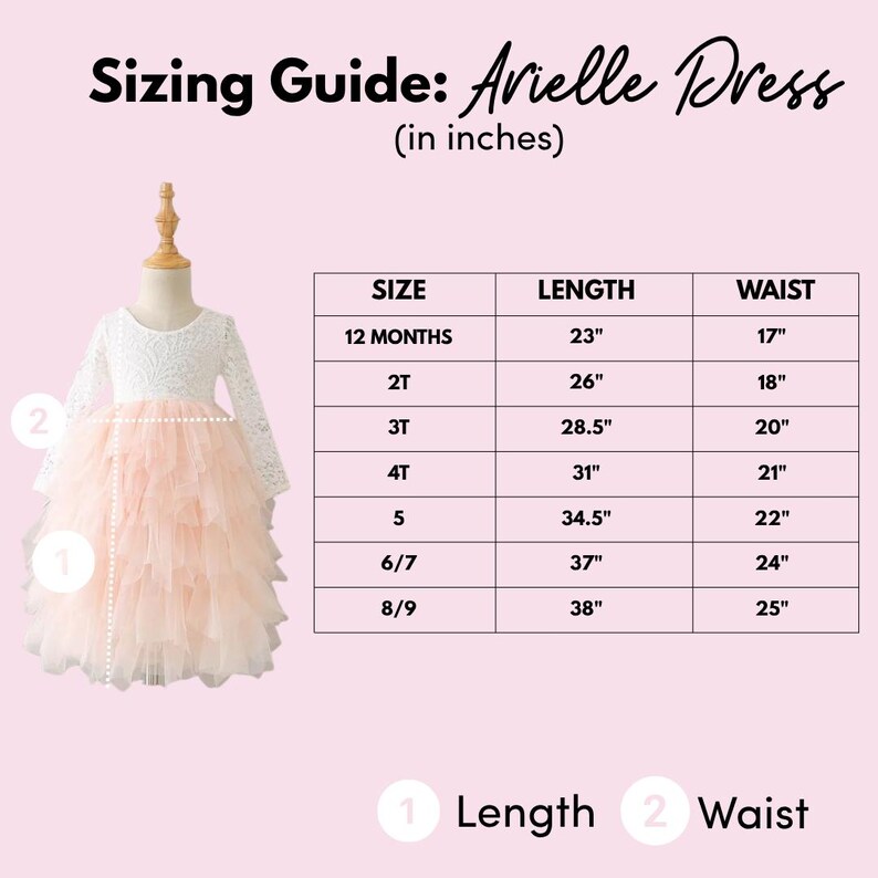 May include: A sizing guide for the Arielle Dress featuring a dress on a mannequin with a white lace bodice and a tiered peach tulle skirt. A table lists sizes from 12 months to 8/9 with corresponding length and waist measurements in inches.