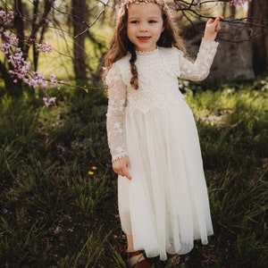 Boho Lace Flower Girl Dress, Bohemian Ivory Tulle Wedding Dress, Rustic Lace Dress, Boho Christening Gown, Baptism Dress, Communion image 6