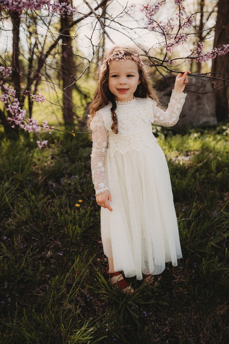 Bohemian Lace Flower Girl Dress, Rustic Ivory Tulle Wedding Dress, Bohemian Lace Dress, Boho Christening Gown, Baptism Dress image 6