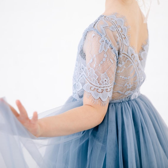 Boho Dusty Blue Lace Flower Girl Dress, Gray Tulle Junior Bridesmaid Dress, Vintage Style Wedding Gown - Etsy Israel Boho Dusty Blue Lace Flower Girl Dress, Gray Tulle Junior Bridesmaid Dress, Vintage Style Wedding Gown - Etsy Israel