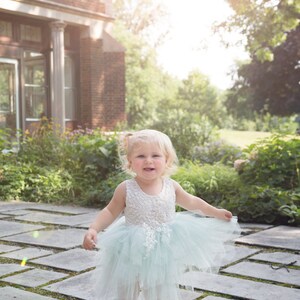 White Lace Flower Girl Dress, Baby Tulle Wedding dress, Mint Green Tutu Dress, Elegant Boho Chic, Couture, Pearl Bead Detail, Shabby Chic image 5