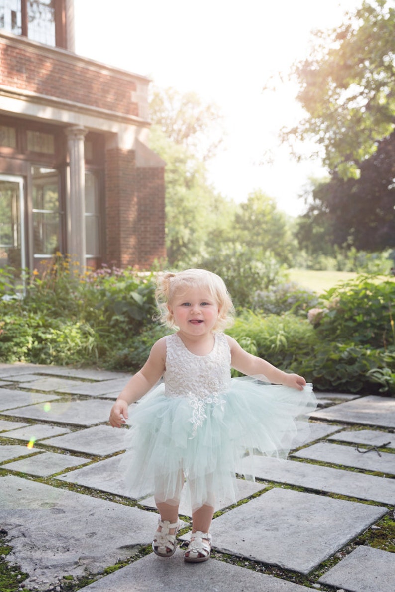 White Lace Flower Girl Dress, Baby Tulle Wedding dress, Mint Green Tutu Dress, Elegant Boho Chic, Couture, Pearl Bead Detail, Shabby Chic image 5