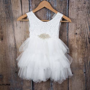 Rustic White Tulle Flower Girl Dress, Boho Tulle Wedding Gown, Christening Gown