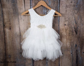 Rustic White Tulle Flower Girl Dress, Boho Tulle Wedding Gown, Christening Gown