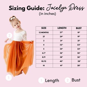 May include: A sizing guide for the Jocelyn Dress featuring a table with columns for size, length, and bust in inches. The chart lists sizes from 12 months to 14 with corresponding measurements. A visual diagram indicates length and bust points.