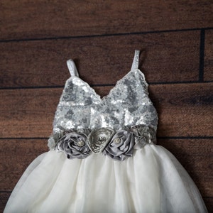 Silver Sequin Flower Girl Dress, White Tulle Toddler Flower Girl Dresses, Beach Wedding Dress. Ava image 2