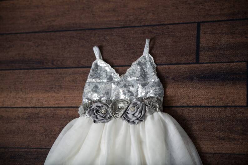 Silver Sequin Flower Girl Dress, White Tulle Toddler Flower Girl Dresses, Beach Wedding Dress. Ava image 2