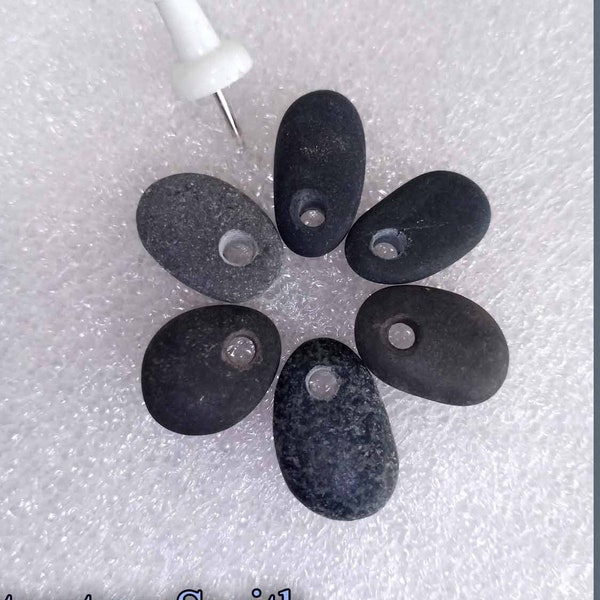 Small Drilled Beach Stones Pendants black and gray, (set of 6)