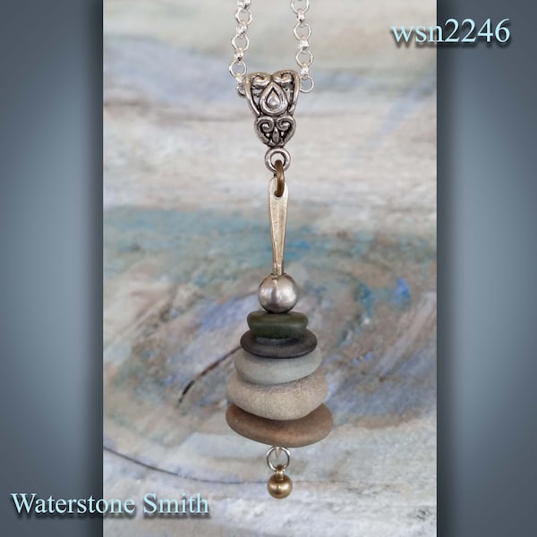 Waterstone Smith / Stacked Stone Necklace, - silver, brass & lake stones Cairn