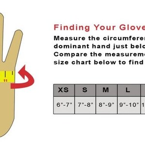 May include: A diagram showing how to measure your hand for glove size.  The image shows a hand with a measuring tape wrapped around the hand just below the knuckles.  A chart below shows the corresponding glove size for each hand circumference measurement in inches: XS (6-7 inches), S (7-8 inches), M (8-9 inches), L (9-10 inches), XL (10-11 inches), 2X (11-12 inches).