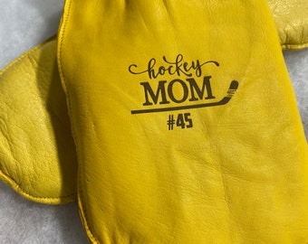 Hockey Mom Logo on Leather Chopper Mittens | Personalized Hockey Mom Leather Mitten