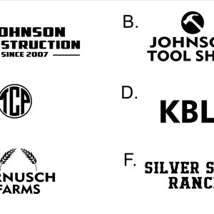 May include: A white background with six black and white logos. The logos are for Johnson Construction, Johnson Tool Shop, TCP, KBL, Arnusch Farms, and Silver Spike Ranch.