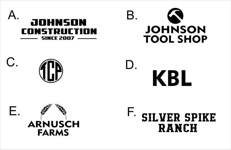 May include: A white background with six black and white logos. The logos are for Johnson Construction, Johnson Tool Shop, TCP, KBL, Arnusch Farms, and Silver Spike Ranch.
