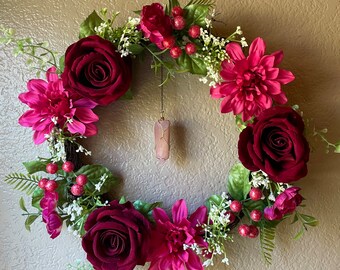 Aura Rose Quartz Crystal Floral Valentines Wreath