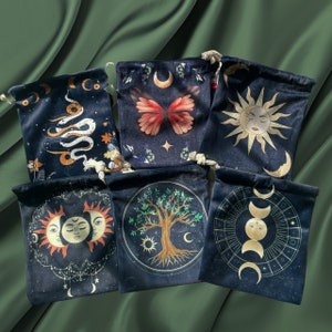 Celestial Witchy Velvet Tarot Oracle Card Pouch Drawstring Bag
