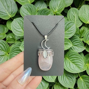 Rose Quartz Crystal Crescent Moon Pendant Necklace