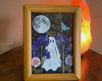 Framed “Ghost In The Moonlight” Halloween Pressed Flower Wall Decor Art
