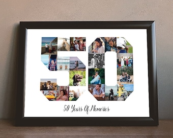 Number 50 photo collage, 50th Birthday anniversary gift, Custom printable gift for mom. DIGITAL file, PDF, JPEG