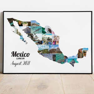 Mexiko Fotocollage Flitterwochen Hochzeitsgeschenk, benutzerdefinierte Reisedestination Landkarte Wandkunst, druckbare Urlaubskarte DIGITAL JPEG & PDF-Datei