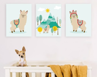 Llama nursery wall art, Printable set of 3, Alpaca prints, Wall decor print
