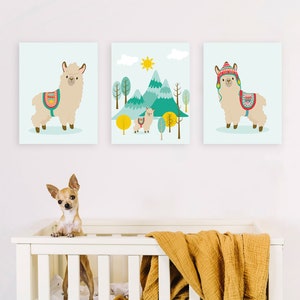 Muurkunst kinderkamer lama, afdrukbare set van 3, alpacaprints, muurdecoratieprint
