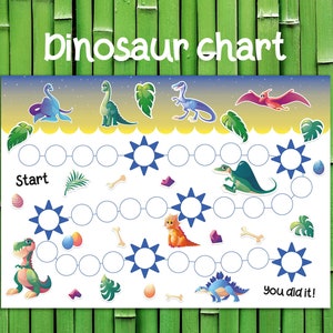May include: A colorful dinosaur chart with a blue and white game board. The board has a start and finish line with a path of circles and stars. There are various dinosaur illustrations and other images on the board, including a bone, a palm tree, and a dinosaur egg.