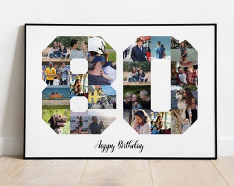 80 Photo collage, 80th birthday collage, Number 80 printable gift, Custom anniversary collage, Football sports gift, PRINTABLE PDF