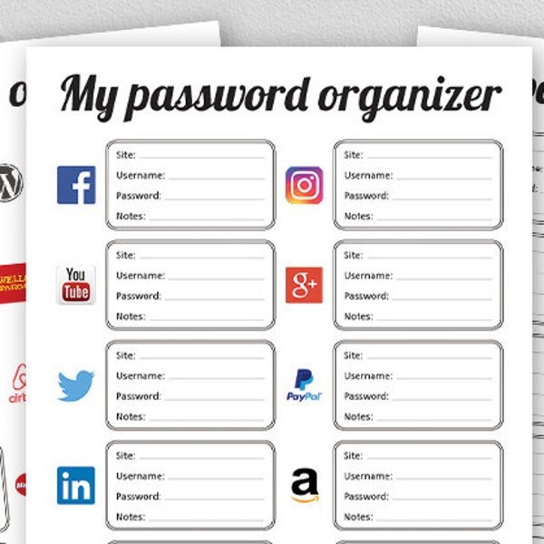 Password organizer, Personal tracker, list, Keeper, Manager, Reminder, Sheet, Logs, Planner pages, Filofax printables life hack