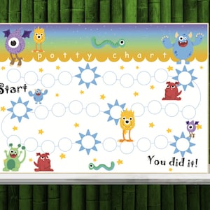 Peut inclure: Un tableau d'apprentissage de la propreté coloré sur le thème des monstres. Le tableau présente un chemin avec des cercles pour marquer les progrès, des étoiles et divers monstres de dessin animé. Le texte "potty chart" est en haut, et "You did it!" est en bas.